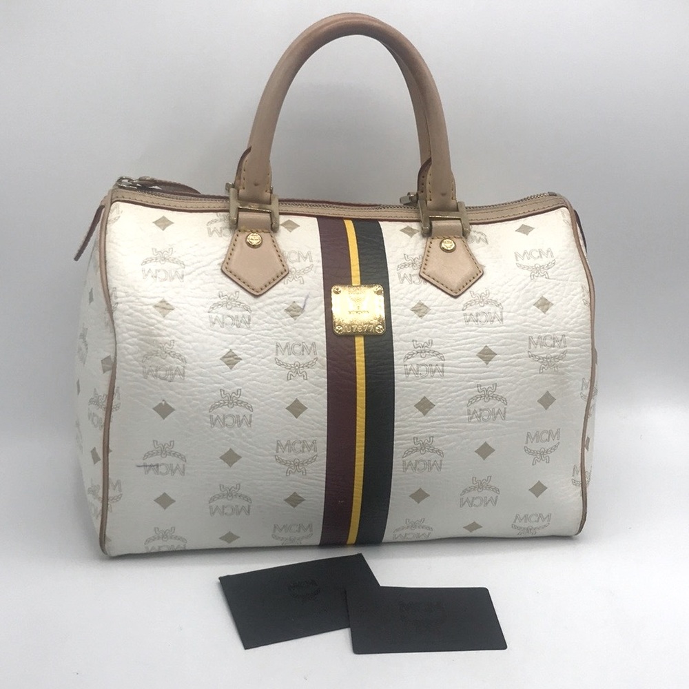 Rare MCM White Monogram Boston Bag with Burgundy, Black & Yellow Stripe